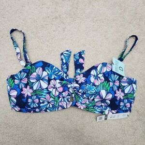 SunDazed‎ Floral Bikini Top Padded Bandeau Tie Back Twist Swimsuit Azure 36D NWT